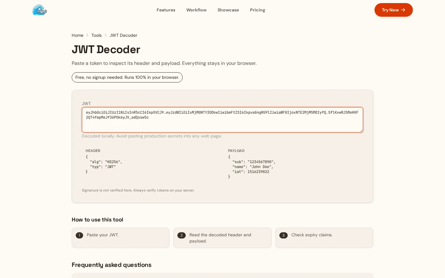 JWT Decoder showing a sample token's header and payload
