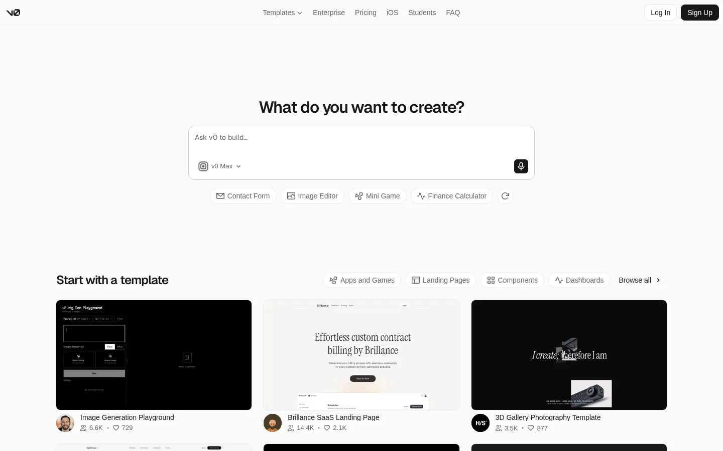 v0 homepage showing prompt-to-app interface