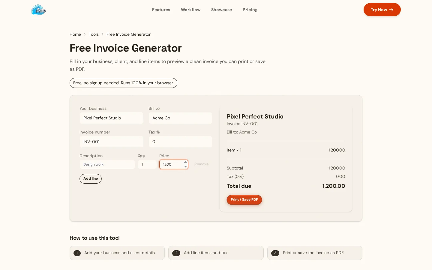 Invoice Generator showing a sample invoice
