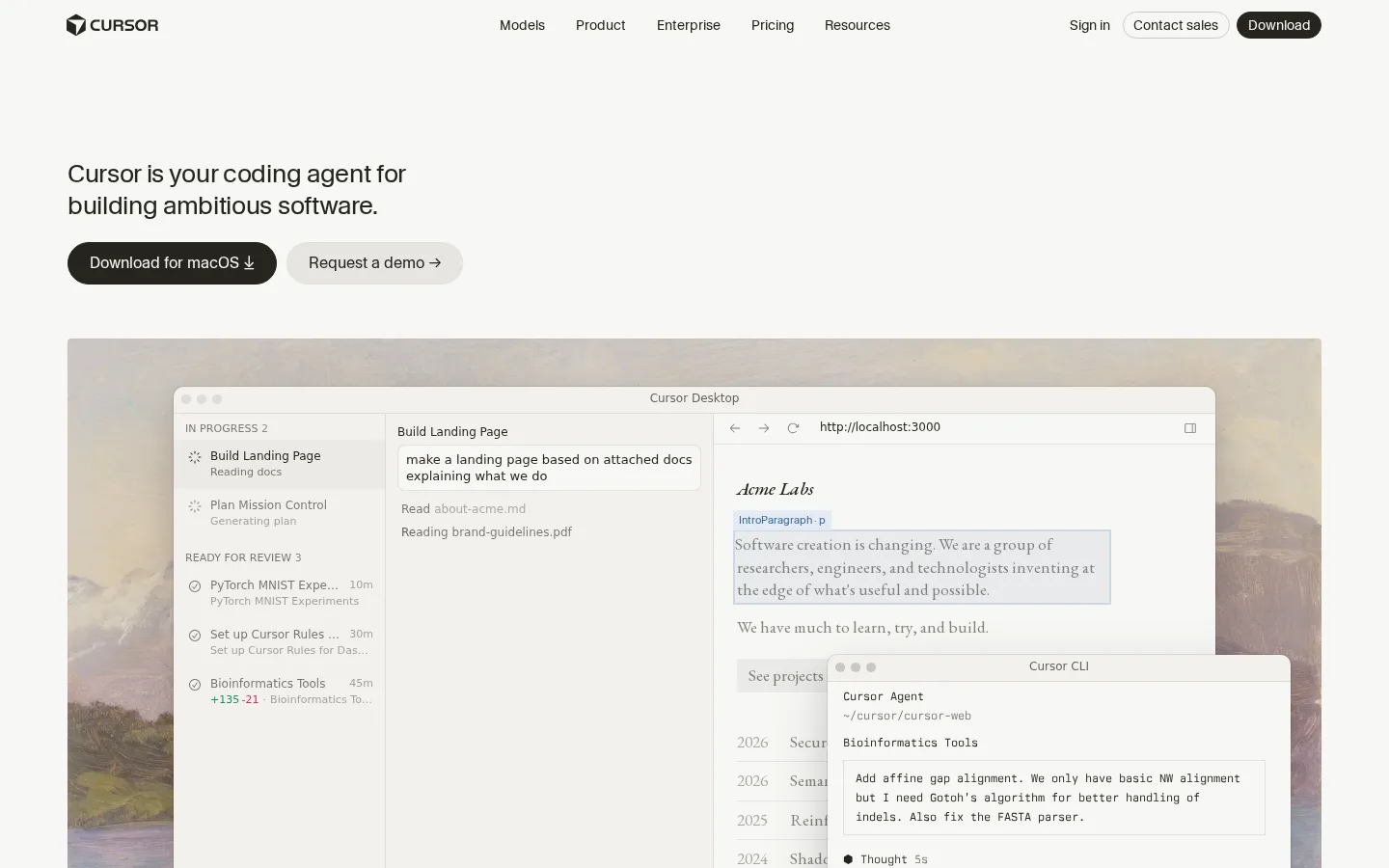 Cursor homepage showing AI coding positioning