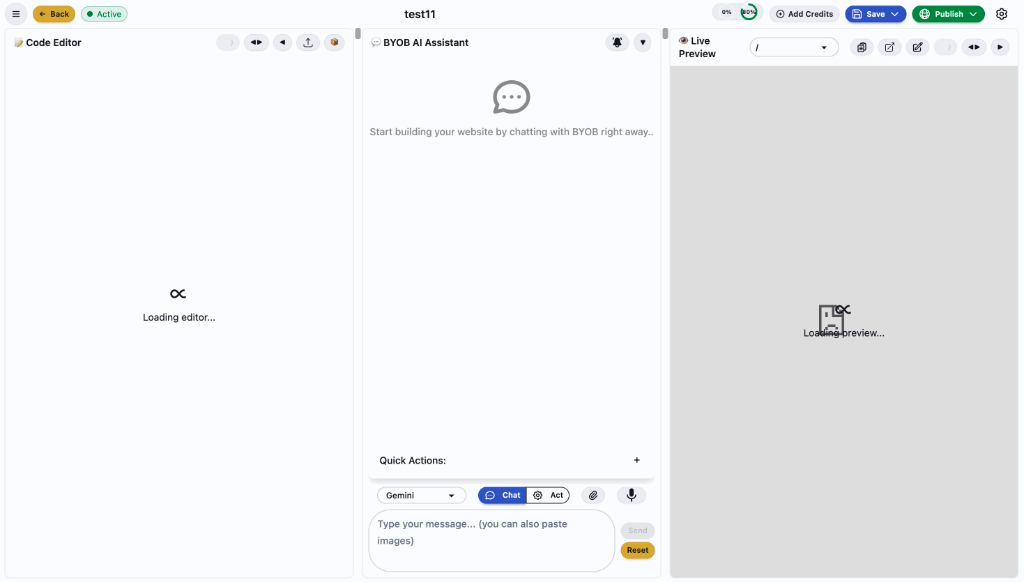 The main BYOB editor interface showing all three panels