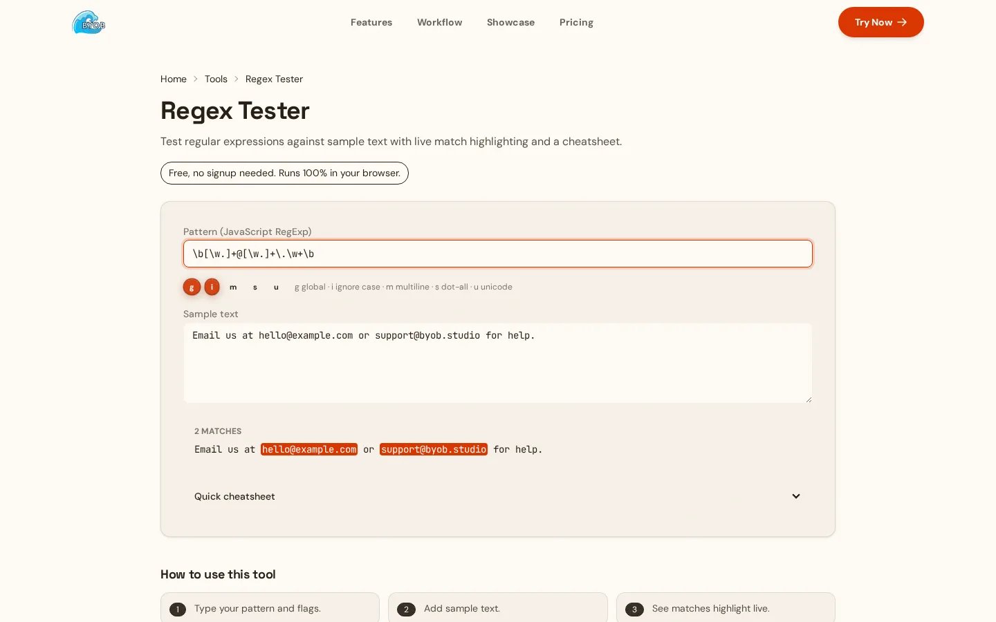 Regex Tester highlighting two email matches in sample text