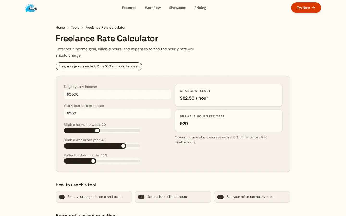 Freelance Rate Calculator with sample income goal and hourly rate