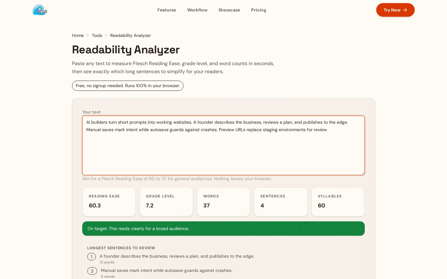 Readability Analyzer scoring a sample paragraph for grade level