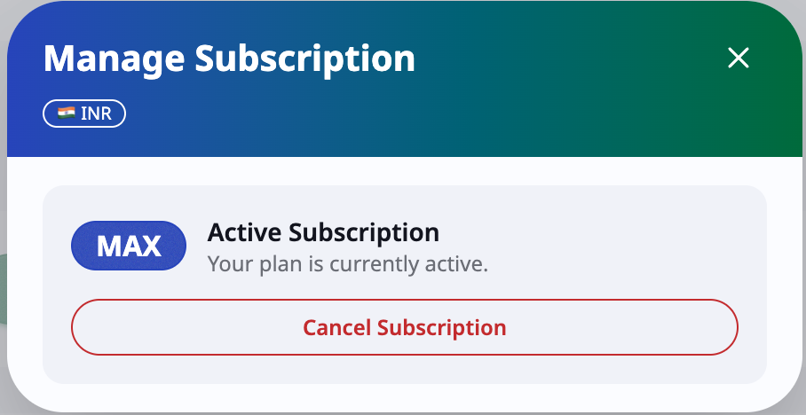 Manage Subscription panel showing active Max plan and cancel option