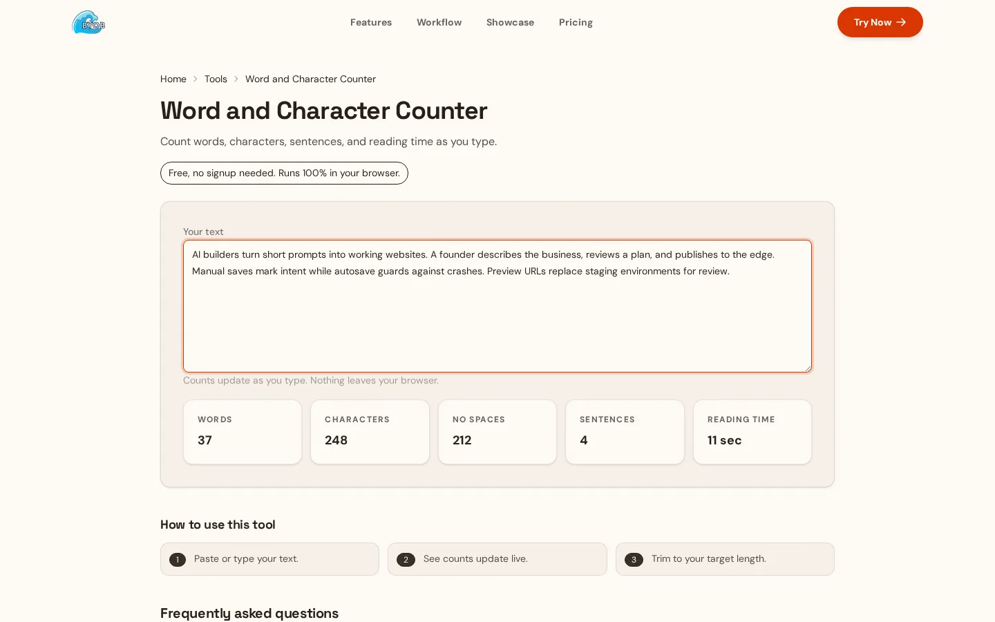 Word Counter showing live counts for a sample paragraph