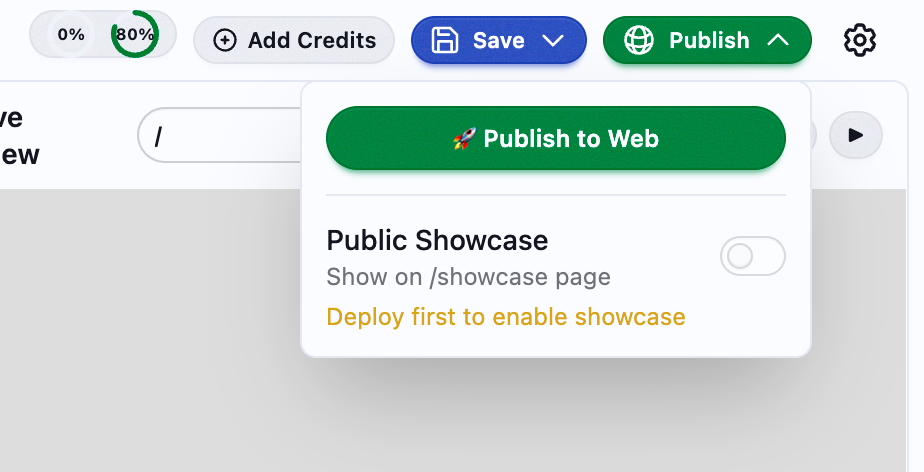 The Publish dropdown showing deployment options