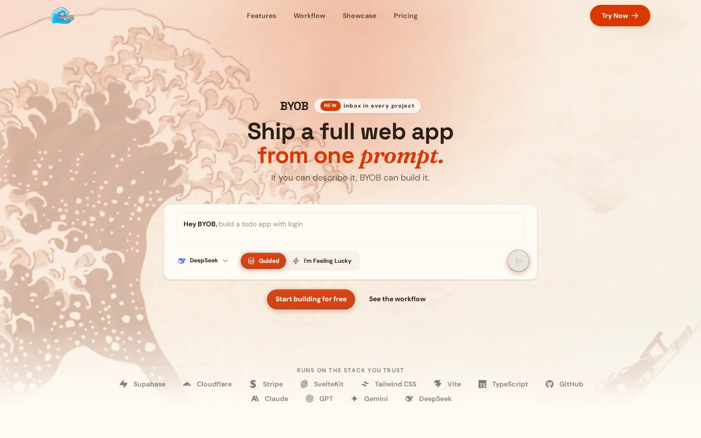 Screenshot of the BYOB homepage hero with prompt input and build modes